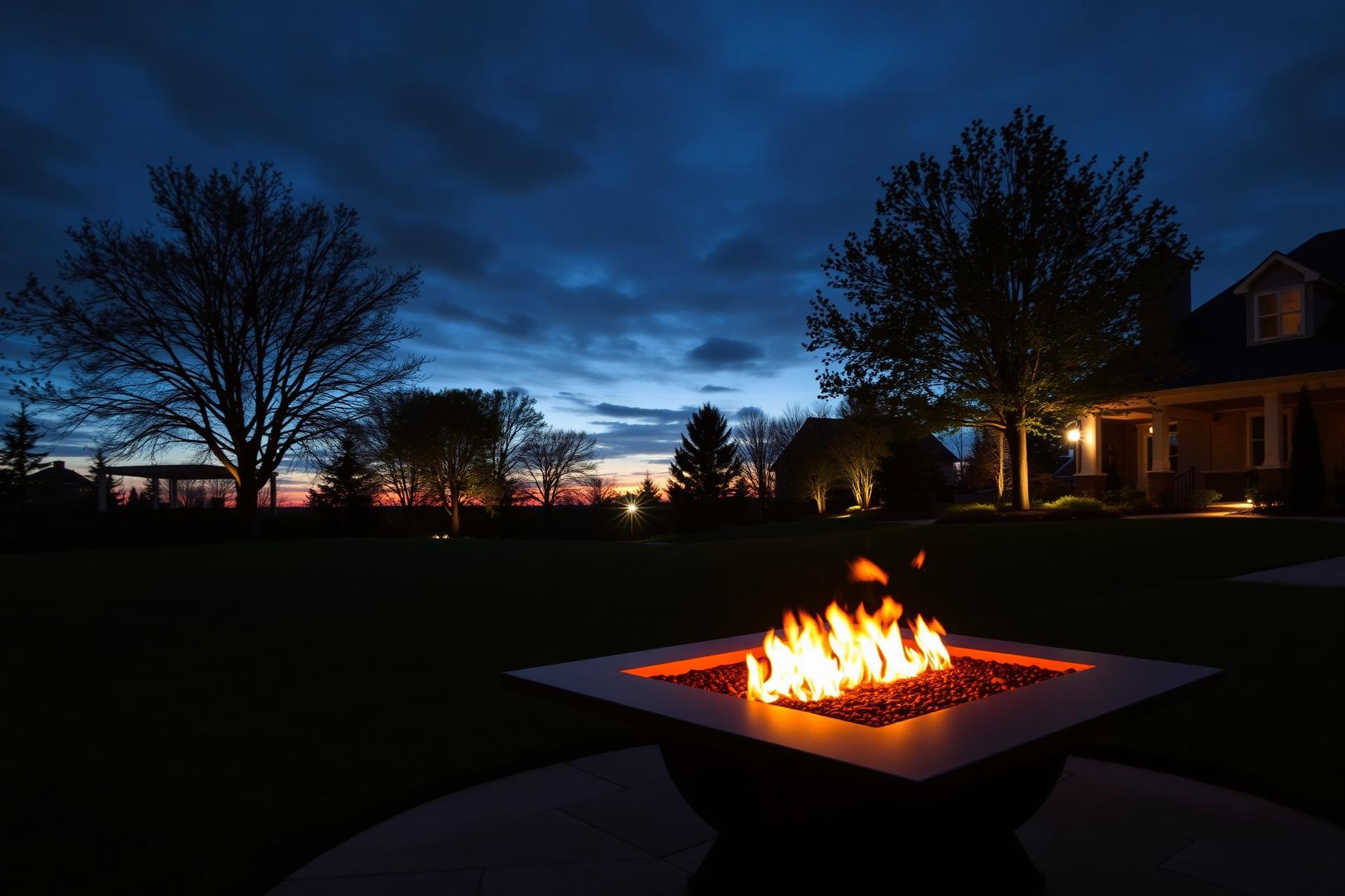 Luxury backyard at dusk with fire pit